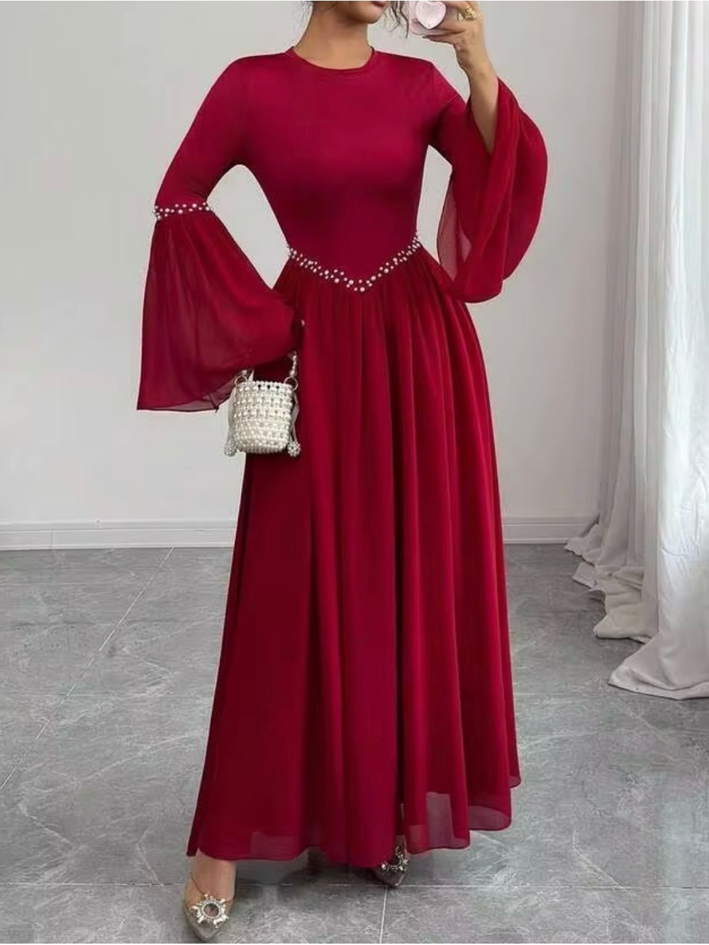 Elegant Red Long Sleeve Maxi Dress with Beaded Waist